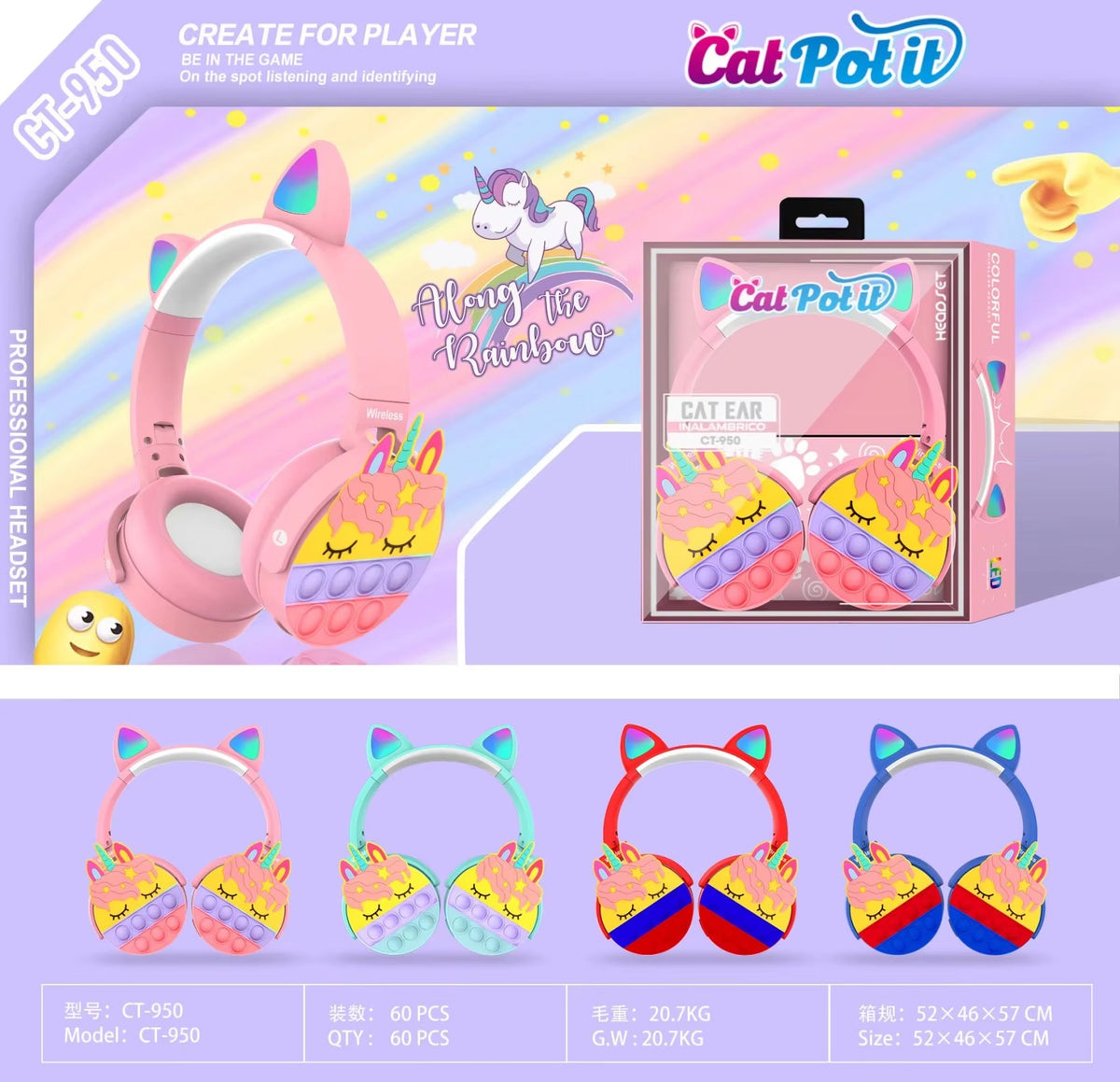 Unicorn Bluetooth Headphones | A-POP It Colorful Cat Ear Wireless Headset with LED Lights for Women & Kids